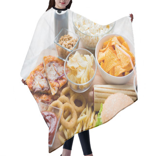 Personality  Close Up Of Fast Food Snacks And Drink On Table Hair Cutting Cape