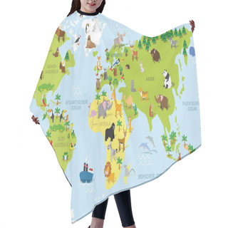 Personality  Funny Cartoon World Map In German With Traditional Animals Of All The Continents And Oceans. Vector Illustration For Preschool Education And Kids Design Hair Cutting Cape