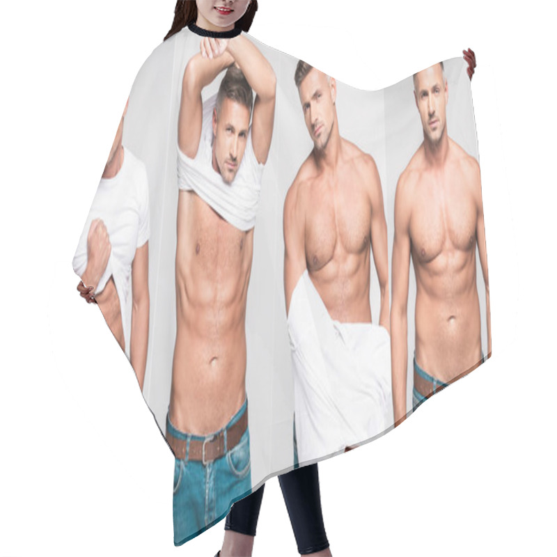 Personality  collage of handsome man taking off white t-shirt and stripping torso on gray background hair cutting cape