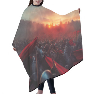 Personality  Medieval War Featuring Armies With Red Flags In A Historic Clash Of Soldiers With Metal Armour And Swords. Warriors, Knights And Crusaders In The Dark Age Battle Cinematic Digital Artwork Illustration Hair Cutting Cape