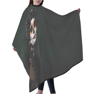 Personality  Woman In Mexican Santa Muerte Costume Throwing Dice On Dark Green Background, Banner  Hair Cutting Cape