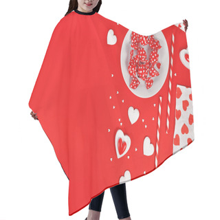 Personality  Valentine's Day Decoration With Candy, Heart Ornaments And Sugar Sprinkles On Red Background With Copy Space Hair Cutting Cape