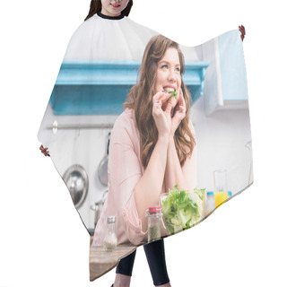 Personality  Overweight Smiling Woman At Table With Fresh Salad In Kitchen At Home Hair Cutting Cape