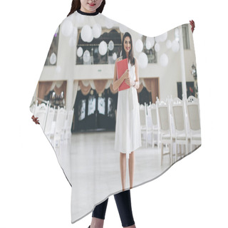 Personality  Business Woman With Folder Restaurant Menu. Hair Cutting Cape
