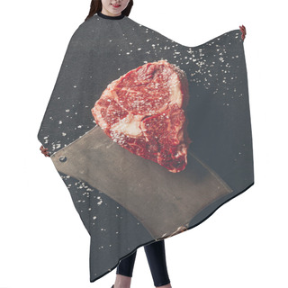 Personality  Top View Of Raw Meat Steak, Salt And Cleaver On Tabletop In Kitchen Hair Cutting Cape
