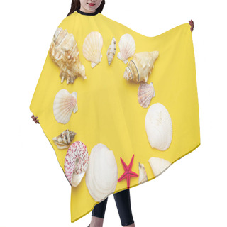 Personality  Summer Sale. White Seashells, Red Starfish In Shape Frame Isolated On Yellow Background. Hello Summer Is Coming Concept Hair Cutting Cape