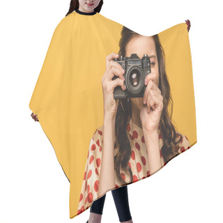 Personality  Young Woman Taking Photo On Digital Camera Isolated On Yellow Hair Cutting Cape