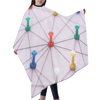 Personality  Selective Focus Of Push Pins Connected With Strings Isolated On Pink, Network Concept Hair Cutting Cape