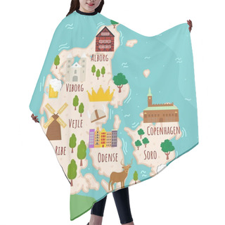 Personality  Stylized Map Of Denmark. Cartoon Map With Travel Illustration. Famous Landmarks, Buildings, Food And Plants. Funny Tourist Infographics. National Symbols. Attractions. Vector Illustration. Hair Cutting Cape