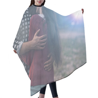 Personality  Young Loving Couple Hugging Outdoors Hair Cutting Cape