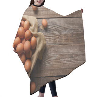 Personality   Top View Of Chicken Eggs At Cloth On Wooden Table Hair Cutting Cape