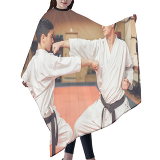 Personality  Martial Arts Karate Masters In White Kimono And Black Belts, Fight Training In Gym Hair Cutting Cape