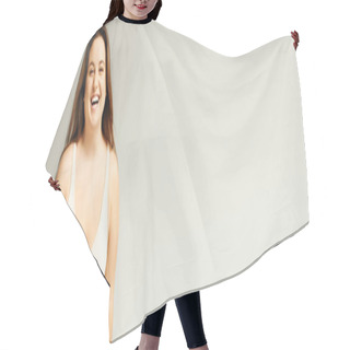 Personality  Portrait Of Happy And Curvy Woman With Plus Size Body Posing In Beige Bodysuit While Laughing On Grey Background, Body Positive, Figure Type, Looking At Camera While Standing In Studio, Banner  Hair Cutting Cape