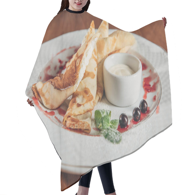 Personality  Delicious Rolled Crepes With Cottage Cheese Served On White Plate With Jam Hair Cutting Cape