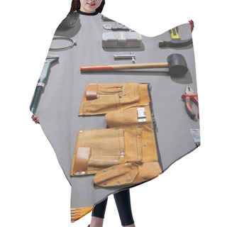 Personality  High Angle View Of Tool Belt, Hammers, Monkey Wrench, Putty Knife, Pliers, Calipers, Rivet Gun, Angle Keys And Stapler On Grey Background Hair Cutting Cape