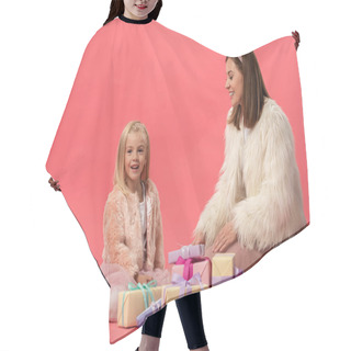 Personality  Smiling Daughter And Mother Sitting Near Gifts On Pink Background  Hair Cutting Cape