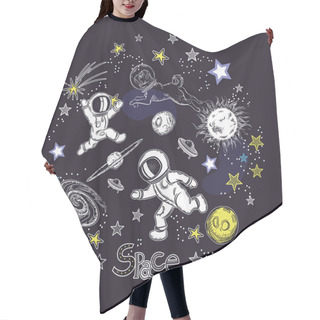Personality  Square Card Template With The Image Of Cosmic Elements. Space Objects. Astronauts Play Football Hair Cutting Cape