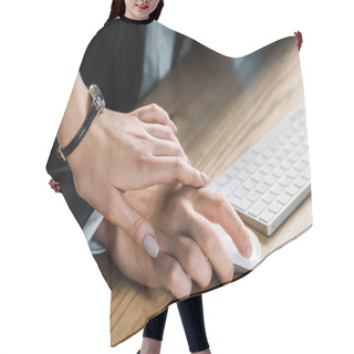 Personality  Cropped Shot Of Businesswoman Holding Colleagues Hand While Flirting Hair Cutting Cape