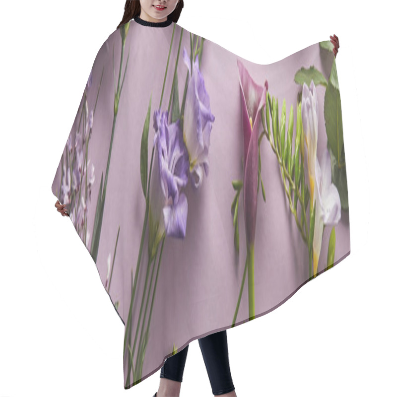Personality  Top View Of Beautiful Flowers On Violet Background, Panoramic Shot Hair Cutting Cape