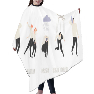 Personality  Set Of Mental Health Conceptual Illustrations. People Suffering From Personality And Sleep Disorders, Anxiety And Obsessive Actions. Images In A Flat Style. Hair Cutting Cape