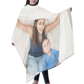 Personality  Mother With Her Son Playing Under Blanket  Hair Cutting Cape