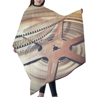 Personality  Image Of Old 8 Mm Movie Reel Over Wooden Background. Retro Style Image. Hair Cutting Cape