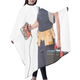 Personality  Cropped View Of Carpenter Holding Electric Fret Saw And Tool Box Isolated On White Hair Cutting Cape