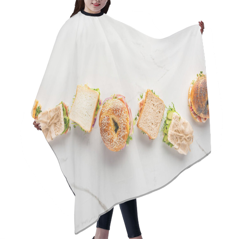 Personality  Flat Lay With Fresh Sandwiches And Bagels On Marble White Surface Hair Cutting Cape