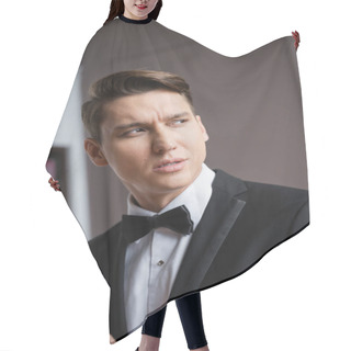 Personality  Portrait Of Elegant Man In Formal Wear Looking Away At Home  Hair Cutting Cape