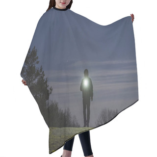 Personality  Man Standing Outdoor At Night In Forest Shining Forward With Flashlight Hair Cutting Cape