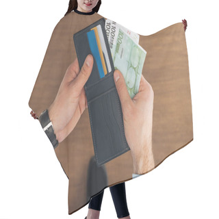 Personality  Top View Of Man Taking From Wallet With Credit Cards Euros Banknotes On Wooden Background Hair Cutting Cape