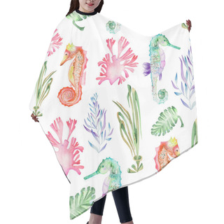 Personality  Pattern With Watercolor Seahorses And Seaweed (algae) Hair Cutting Cape