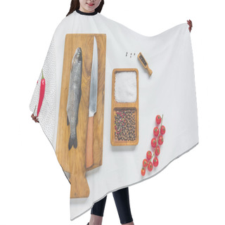 Personality  Flat Lay With Knife And Uncooked Fish On Wooden Board Near Ingredients On White Table  Hair Cutting Cape