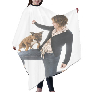 Personality  Staffordshire Bull Terrier And Woman In Front Of White Background Hair Cutting Cape