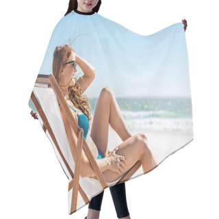 Personality  Relaxed Woman Sunbathing At Beach Hair Cutting Cape