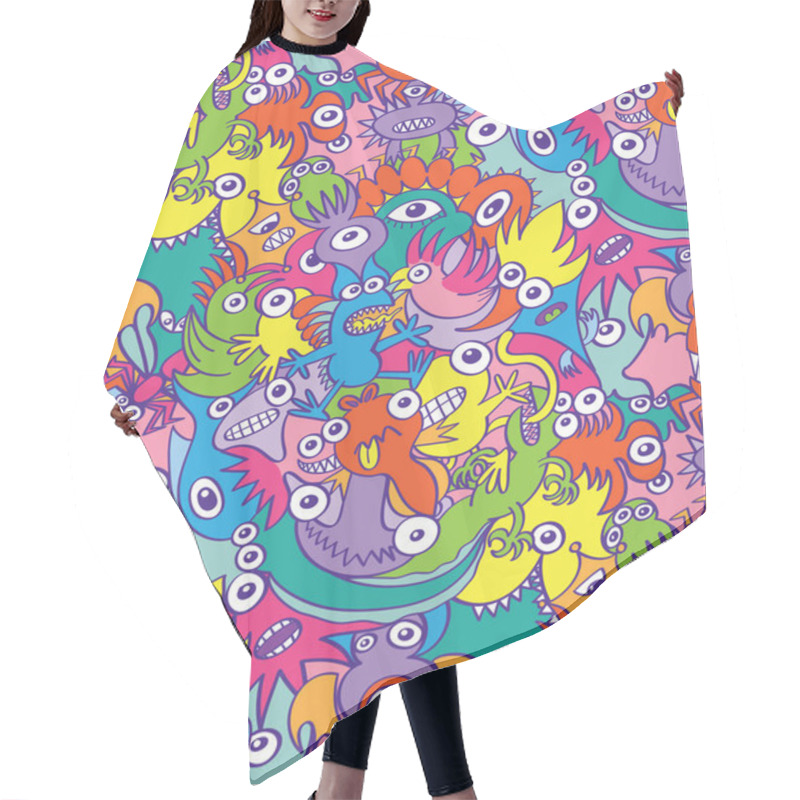 Personality  Colorful Scary Monsters And Weird Creatures In Doodle Art Style. They Compose A Seamless Pattern Design Full Of Decorative Birds, Reptiles, Fishes And Whimsical Characters, Spooky And MischievousPrint Hair Cutting Cape