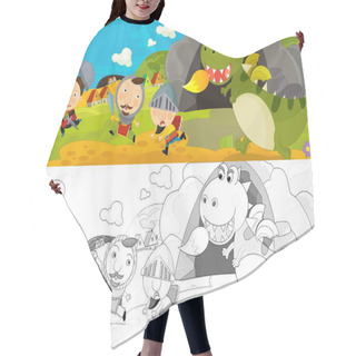 Personality  Cartoon Scene With Sketch With Knights Fighting Dragon - Illustration For Children Hair Cutting Cape