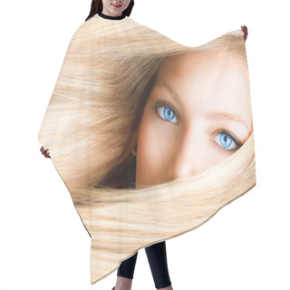 Personality  Blond Girl. Blonde Woman With Blue Eyes Hair Cutting Cape