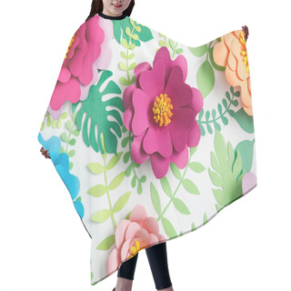 Personality  Top View Of Pink, Purple, Orange, Blue Paper Flowers And Green Leaves On White Background Hair Cutting Cape