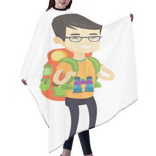 Personality  Cheerful Traveler With Backpack. Hair Cutting Cape