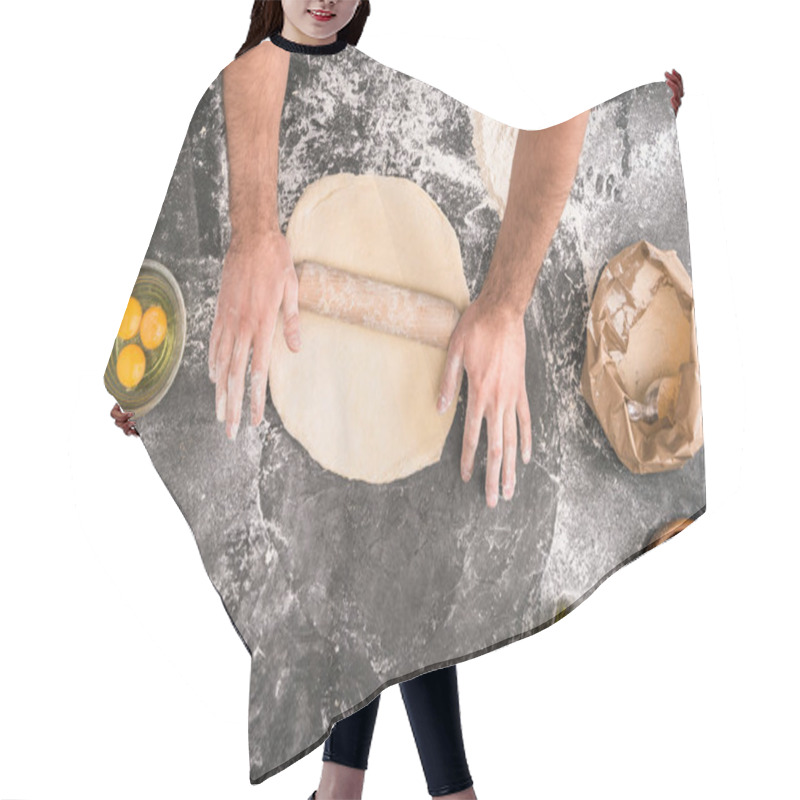 Personality  Cropped View Of Man Rolling Pizza Dough With Wooden Pin On Grey Background Hair Cutting Cape