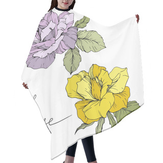 Personality  Vector. Purple And Yellow Rose Flowers Isolated On White Background. Green Leaves. Engraved Ink Art. Hair Cutting Cape