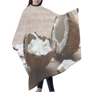 Personality  Selective Focus Of Fresh Tasty Coconut Half Near Flakes In Shell On Wooden Table Hair Cutting Cape