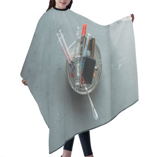 Personality  Top View Of Can With Heroin Syringes And Various Objects Hair Cutting Cape