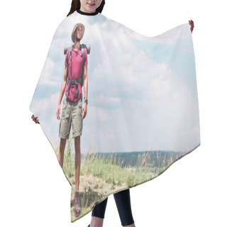 Personality  Handsome Traveler With Backpack Standing At Summer Meadow Hair Cutting Cape