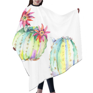 Personality  Green Cactuses With Flowers. Watercolour Drawing Fashion Aquarelle Isolated. Isolated Cacti Illustration Element. Hair Cutting Cape