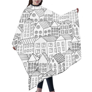 Personality  Cartoon Hand Drawing City Houses Seamless Pattern. Black And White Repeating Background For Coloring. Doodle Houses. Hair Cutting Cape