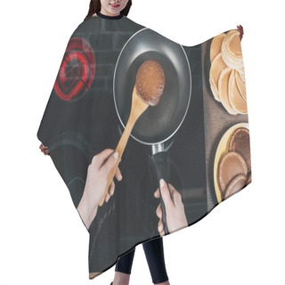 Personality  Cropped Shot Of Woman Flipping Pancake On Frying Pan With Wooden Spatula Hair Cutting Cape