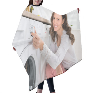 Personality  Woman Pressing Button Of Washing Machine Hair Cutting Cape