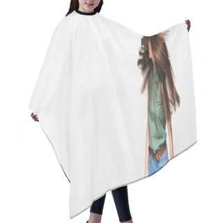 Personality  Young Woman With Shiny Hair Shaking Head Isolated On Grey, Banner Hair Cutting Cape